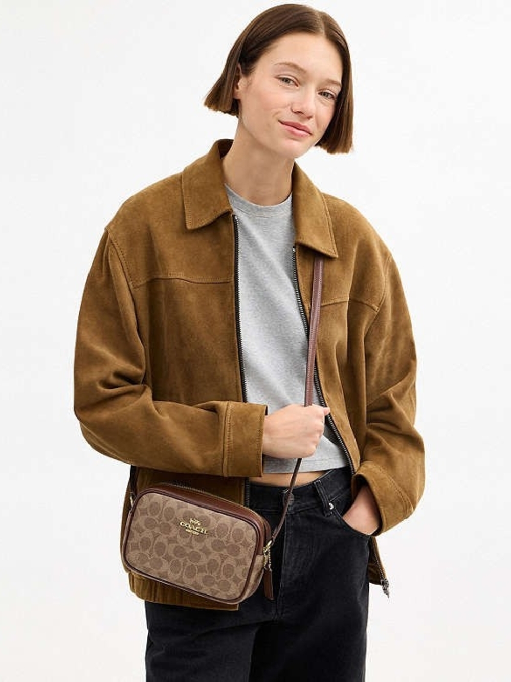Coach Mini Jamie  Signature  Crossbody in Tan and  Brown , Brand New With Tag